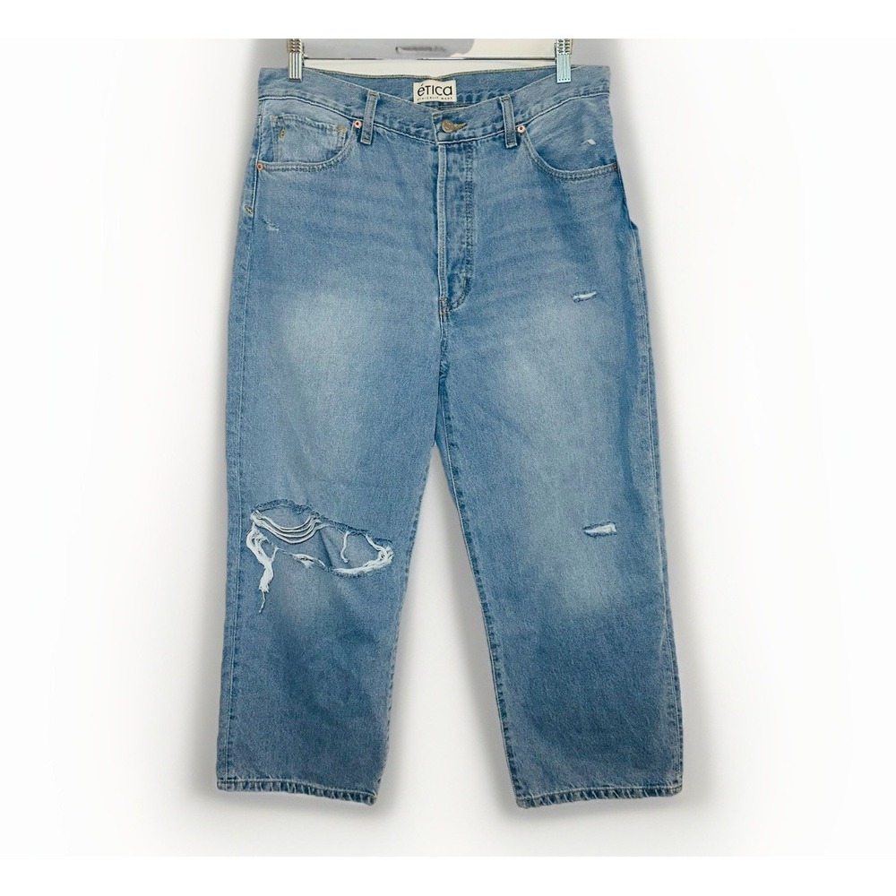 ETICA Altin Loose Fit Distressed Crop Jeans Ithaca Medium Wash Button Fly 31 NWT